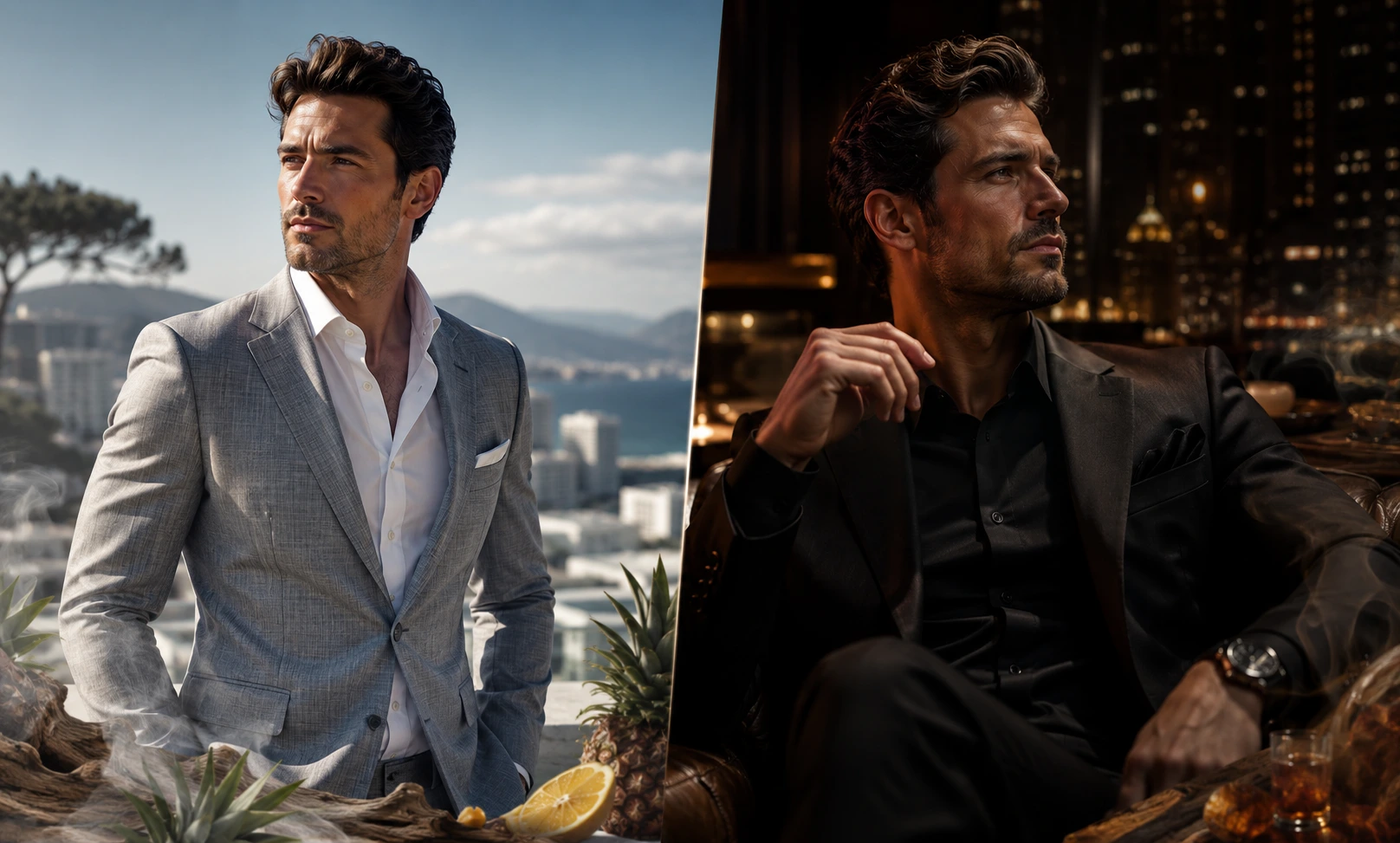 Creed Aventus vs Absolu Aventus comparison showing fresh daytime elegance versus darker intense luxury for men