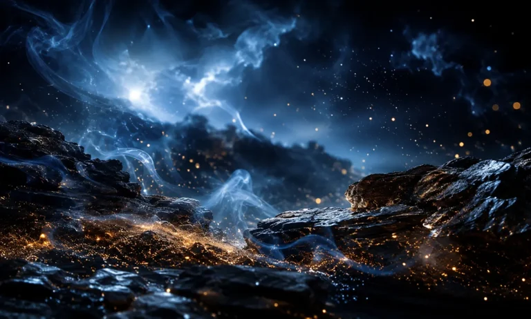 Abstract luxury fragrance mood image with deep blue smoke, dark rocky textures, and subtle amber sparks representing the fresh, woody, and powerful character of Dior Sauvage