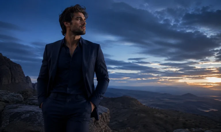 Dior Sauvage EDP review inspired image showing a confident man in a cinematic blue hour landscape, reflecting a fresh, smooth, spicy, and masculine fragrance mood