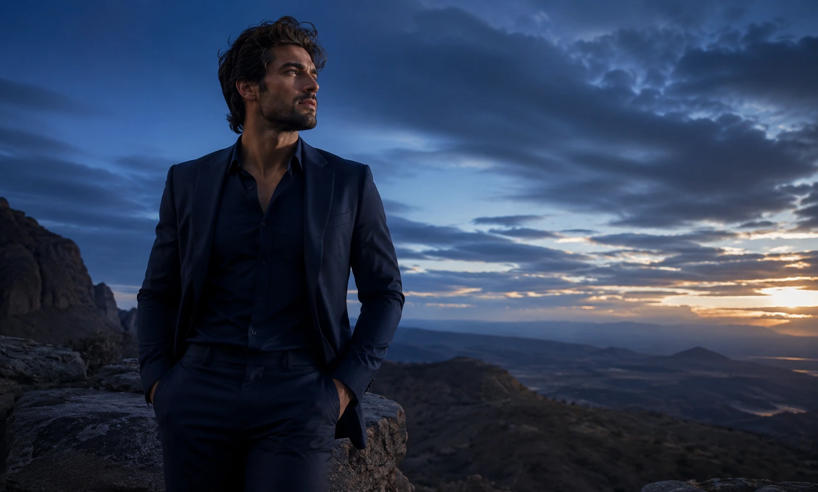 Dior Sauvage EDP review inspired image showing a confident man in a cinematic blue hour landscape, reflecting a fresh, smooth, spicy, and masculine fragrance mood