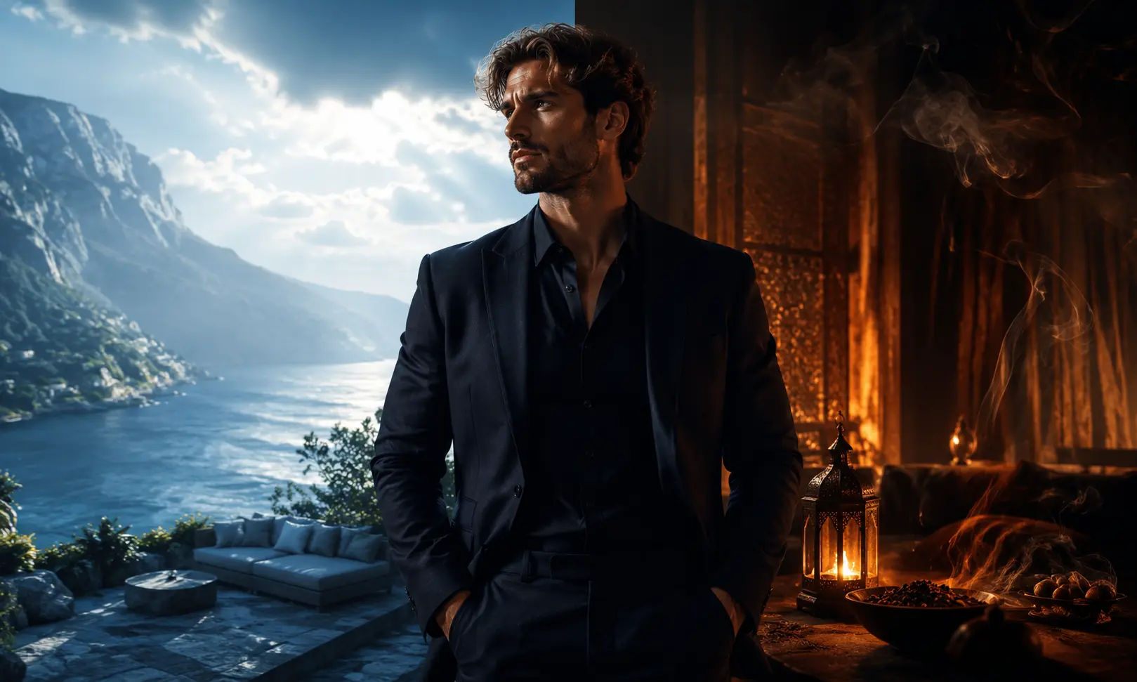 A stylish man standing between a fresh blue daytime scene and a dark amber evening scene, representing the difference between Dior Sauvage EDP and Dior Sauvage Elixir