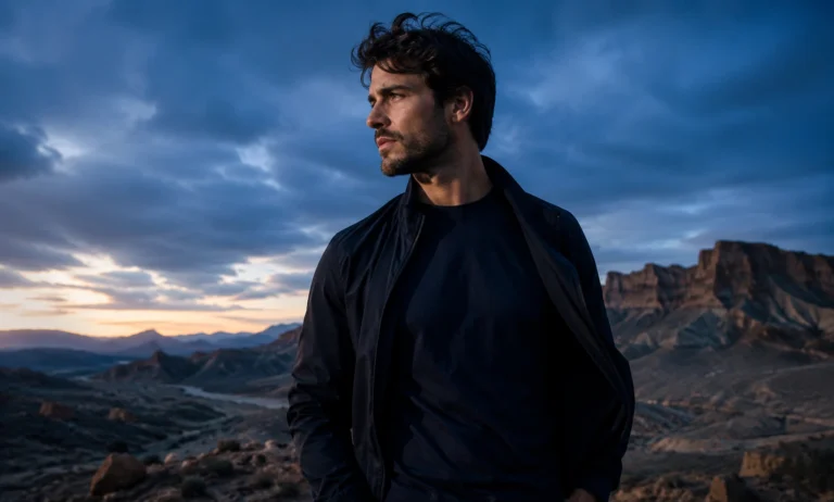 Dior Sauvage EDT review represented by a confident masculine outdoor scene with fresh blue tones, rugged desert atmosphere, and modern clean energy
