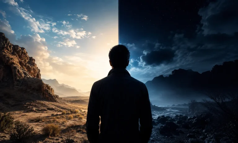 A dramatic split-scene landscape representing the choice between Dior Sauvage EDT and EDP, showing a man standing between a bright desert day and a dark night atmosphere.