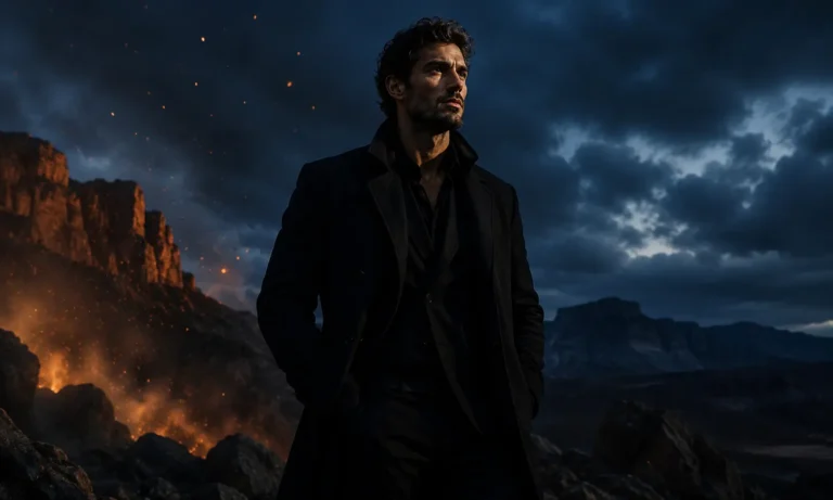 Dark powerful masculine fragrance mood representing Dior Sauvage Elixir Review with a confident man in a dramatic night landscape