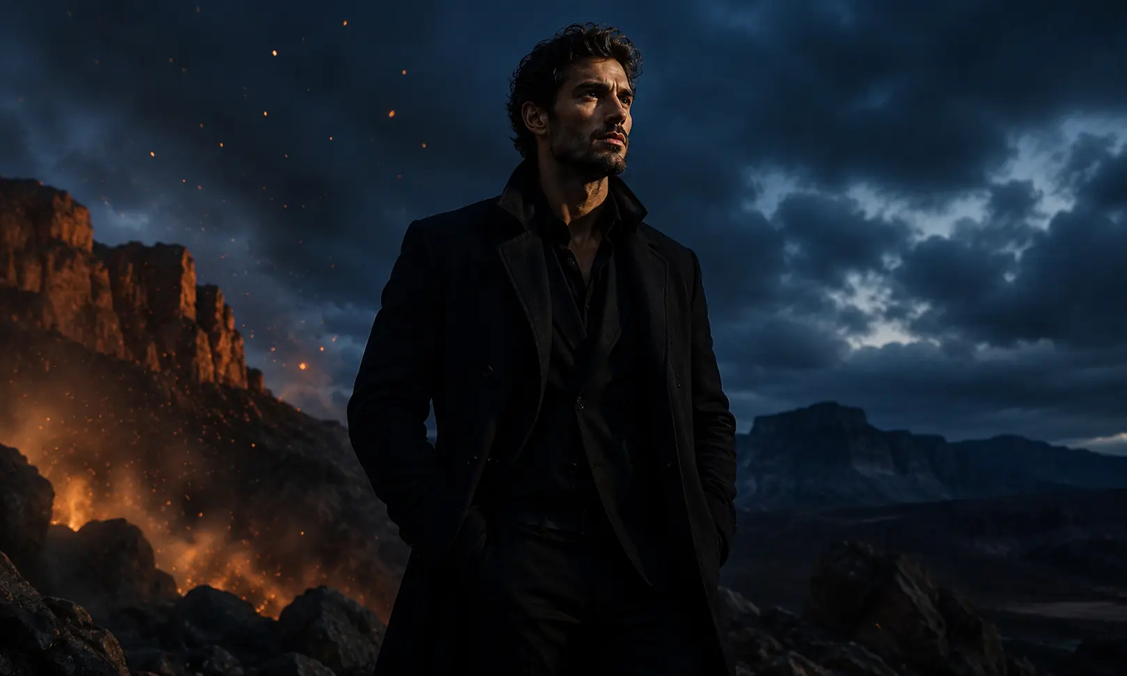 Dark powerful masculine fragrance mood representing Dior Sauvage Elixir Review with a confident man in a dramatic night landscape