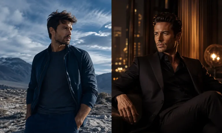 Dior Sauvage vs Armani Code Parfum visual comparison showing fresh spicy confidence versus warm elegant masculine style