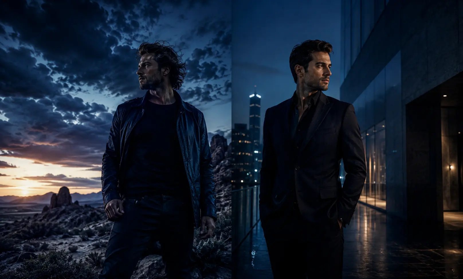 Dior Sauvage vs Bleu de Chanel comparison showing bold rugged masculinity against refined urban elegance