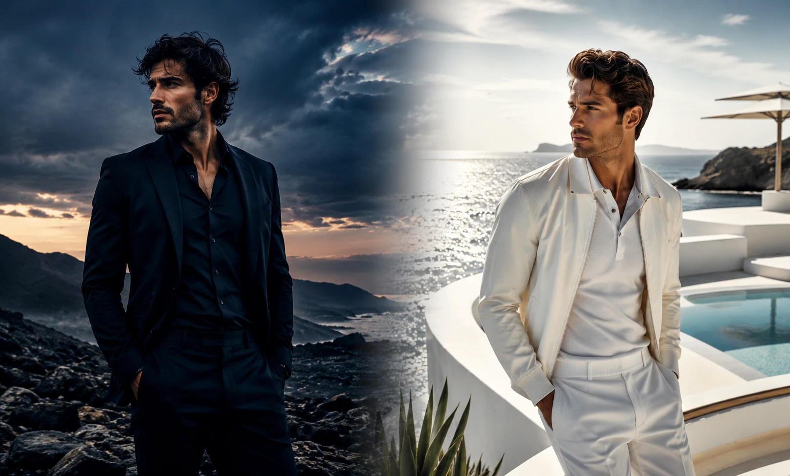 Dior Sauvage vs Chanel AHSEE visual comparison representing bold fresh spicy masculinity against smooth creamy sporty elegance without perfume bottles.