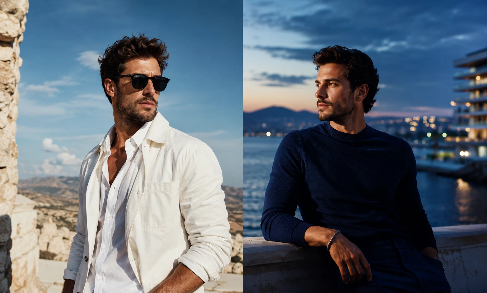 Dior Sauvage vs Versace Dylan Blue comparison showing a sharp fresh daytime style versus a smooth blue evening fragrance mood for men