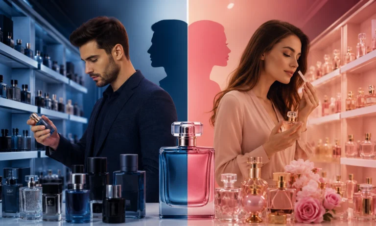 Man and woman comparing perfumes while shopping, illustrating gender differences in fragrance buying behavior, perfume preferences, and consumer decision-making.
