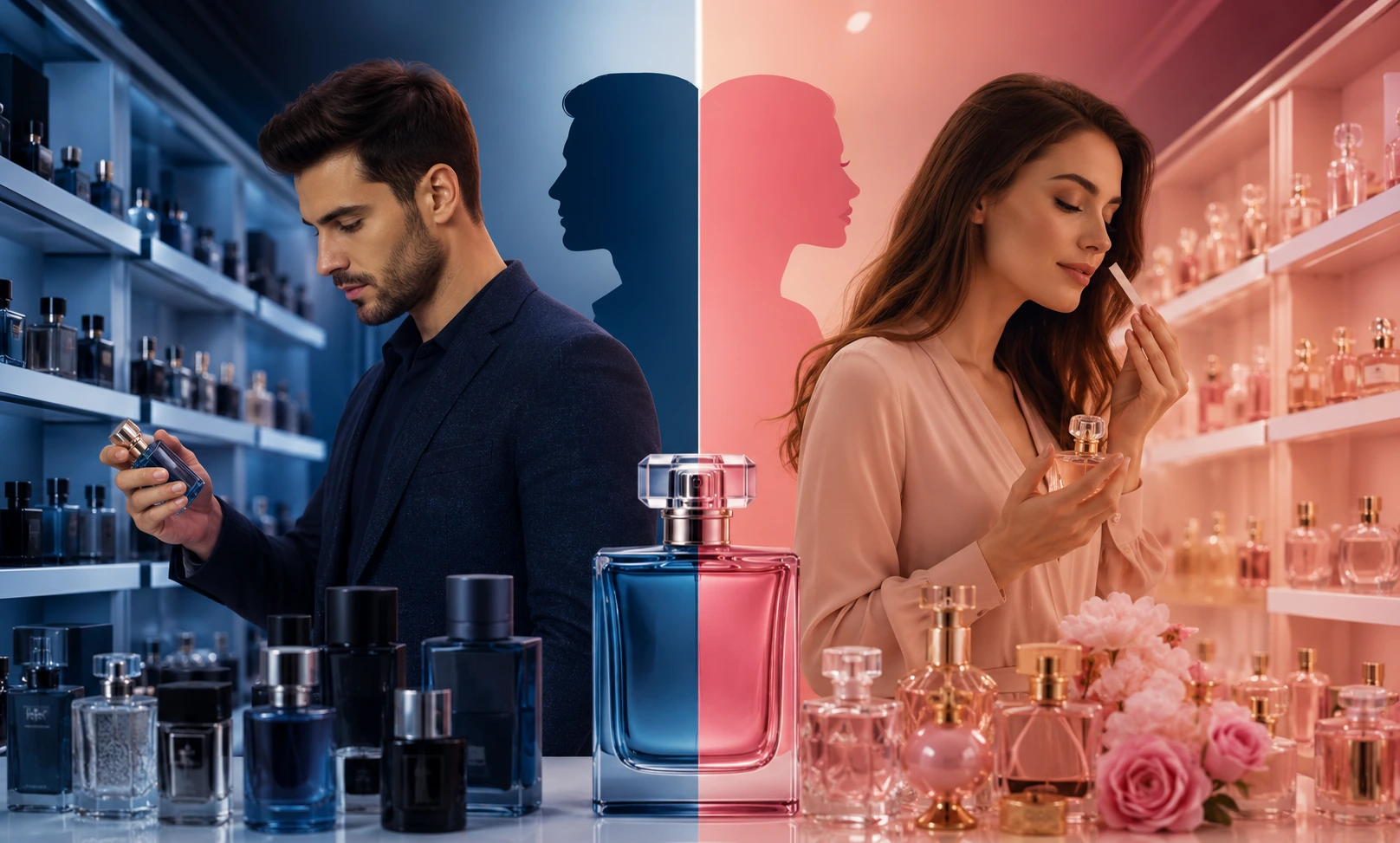 Man and woman comparing perfumes while shopping, illustrating gender differences in fragrance buying behavior, perfume preferences, and consumer decision-making.