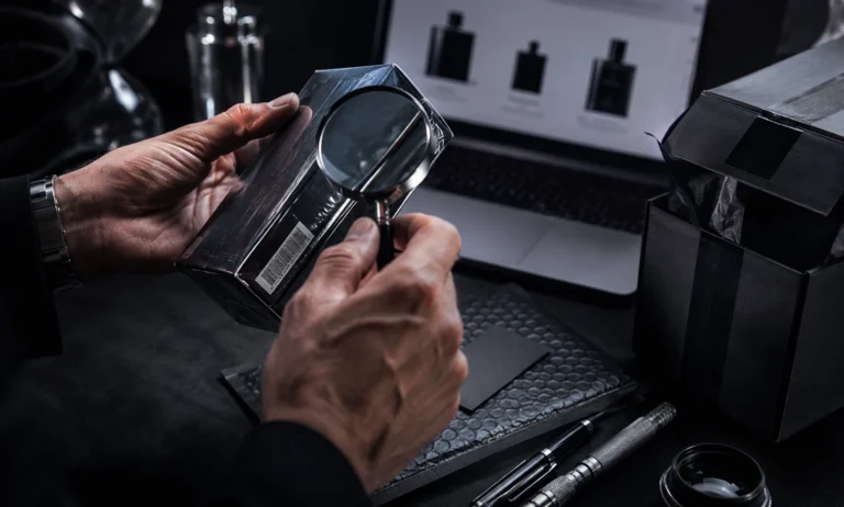 Person inspecting luxury fragrance packaging with a magnifying glass to avoid fake Dior Sauvage bottles when buying online