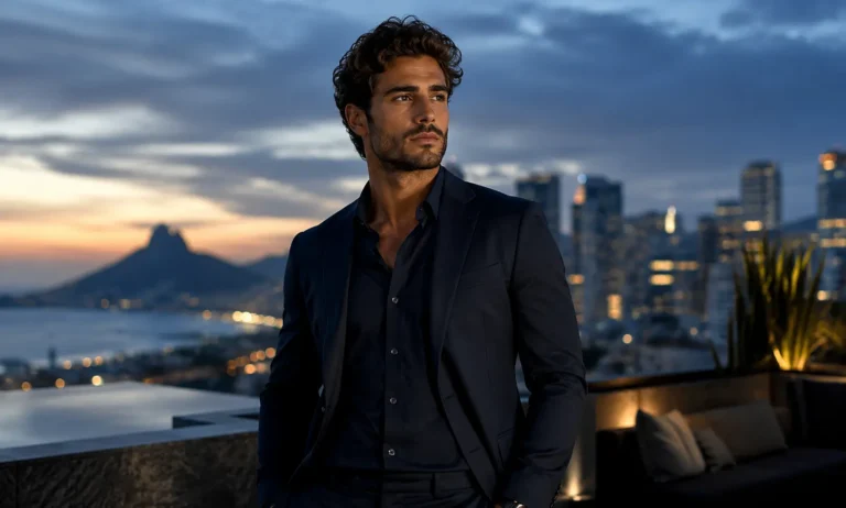 Confident man on a luxury rooftop at blue hour representing whether Dior Sauvage is worth buying as a masculine, fresh, versatile, and premium fragrance choice