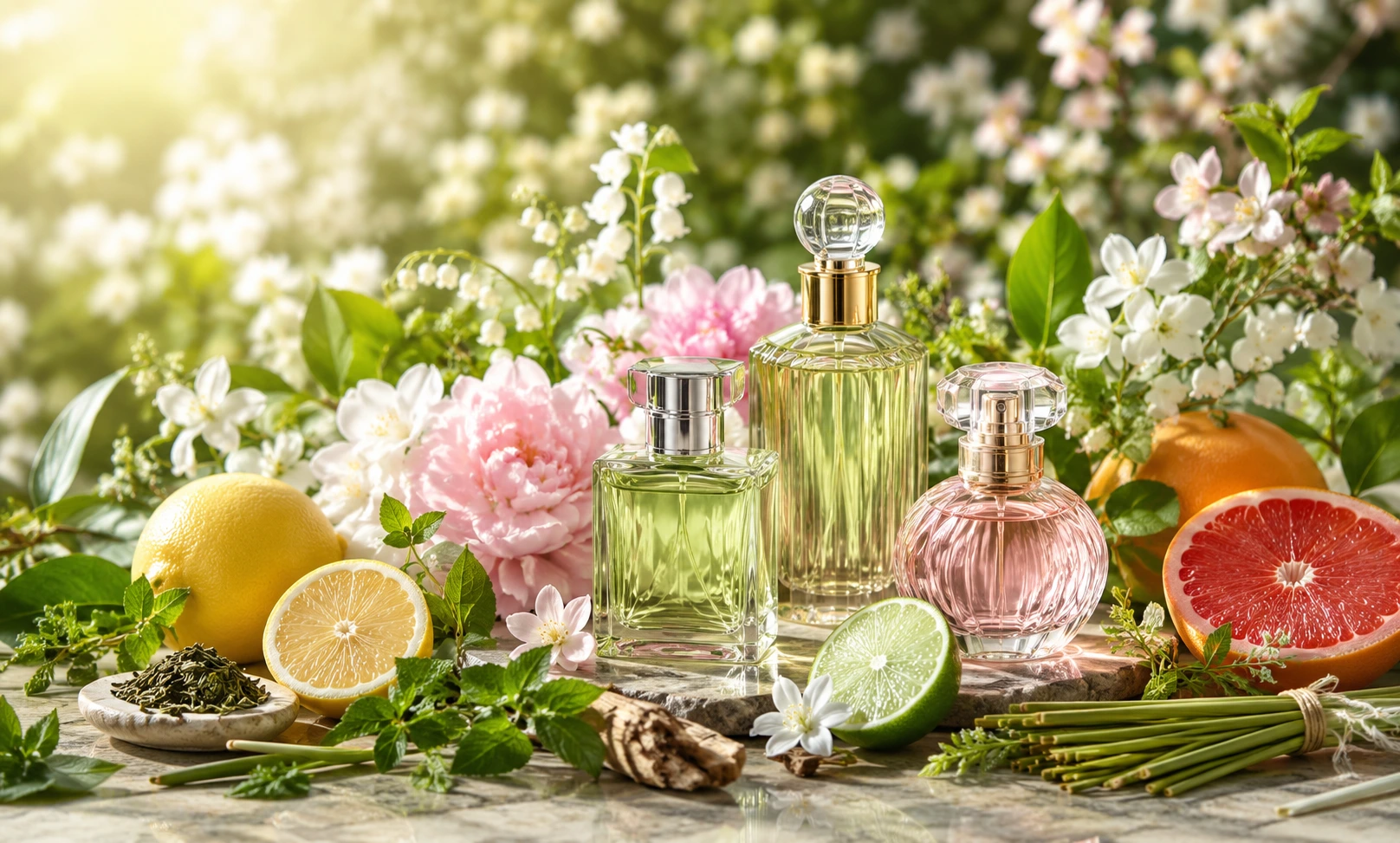 Spring perfume bottles surrounded by blooming flowers, citrus fruits, green leaves, and fresh botanical ingredients representing the most popular spring fragrance notes.