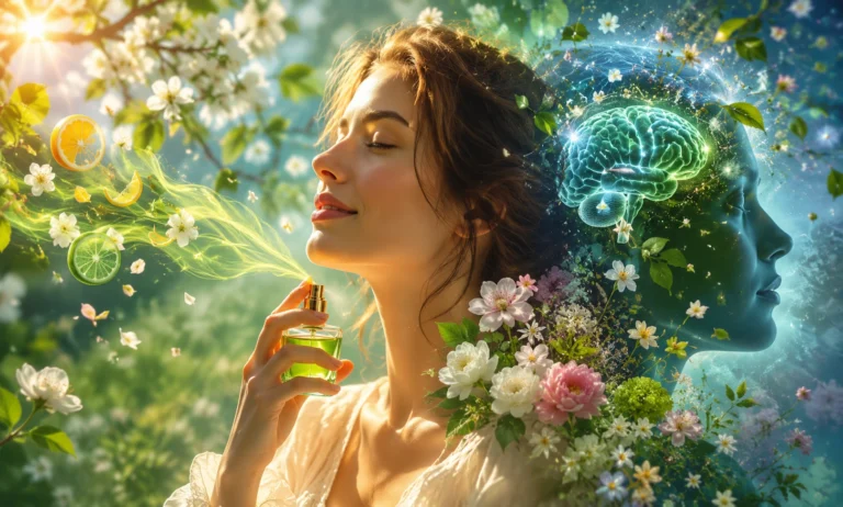 Fresh spring fragrance bottle surrounded by blooming flowers, citrus fruits, and green leaves symbolizing the emotional and psychological impact of seasonal scents