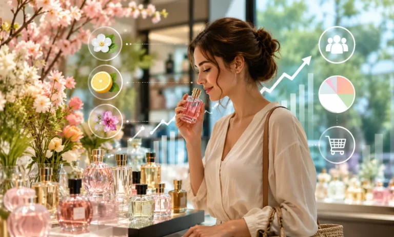 Shopper discovering popular spring perfumes influenced by seasonal fragrance trends, floral notes, citrus scents, and consumer buying behavior