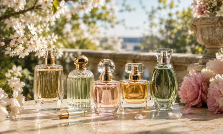 Luxury spring perfume collection displayed outdoors among blooming flowers and fresh greenery, representing floral, citrus, and fresh fragrance styles for the spring season.