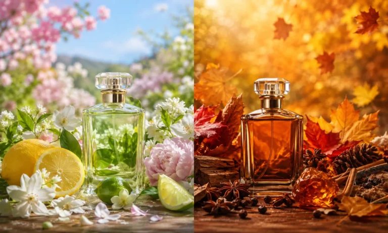 Luxury perfume bottle positioned between a vibrant spring landscape with blooming flowers and fresh greenery and an autumn scene with colorful leaves and warm earthy tones, illustrating the differences between spring and fall fragrances.