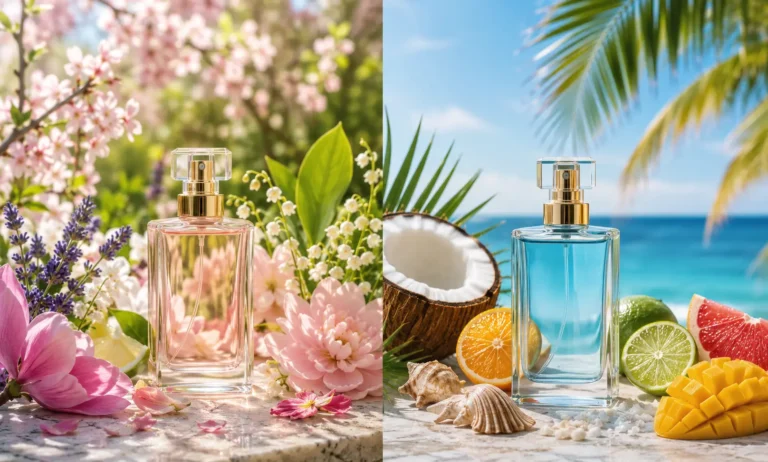 Side-by-side seasonal fragrance scene comparing blooming spring flowers and fresh green landscapes with sunny summer beach elements, illustrating the differences between spring and summer perfumes.