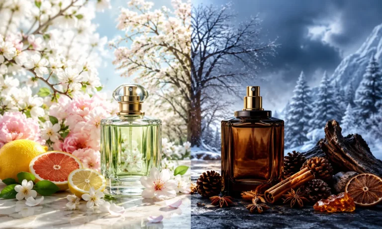 Spring and winter perfume comparison featuring fresh citrus and floral notes on one side and warm amber, spice, and woody notes on the other in contrasting seasonal landscapes