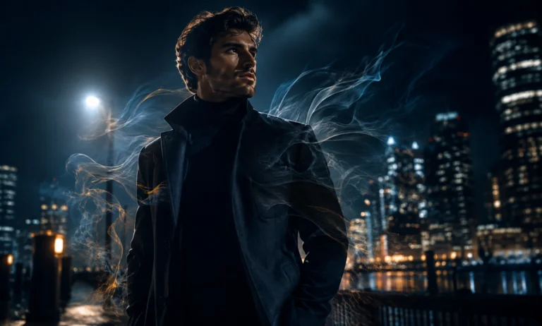 A confident man in a dark city night scene with smoky scent trails, representing stronger alternatives to Dior Sauvage with powerful projection and bold performance