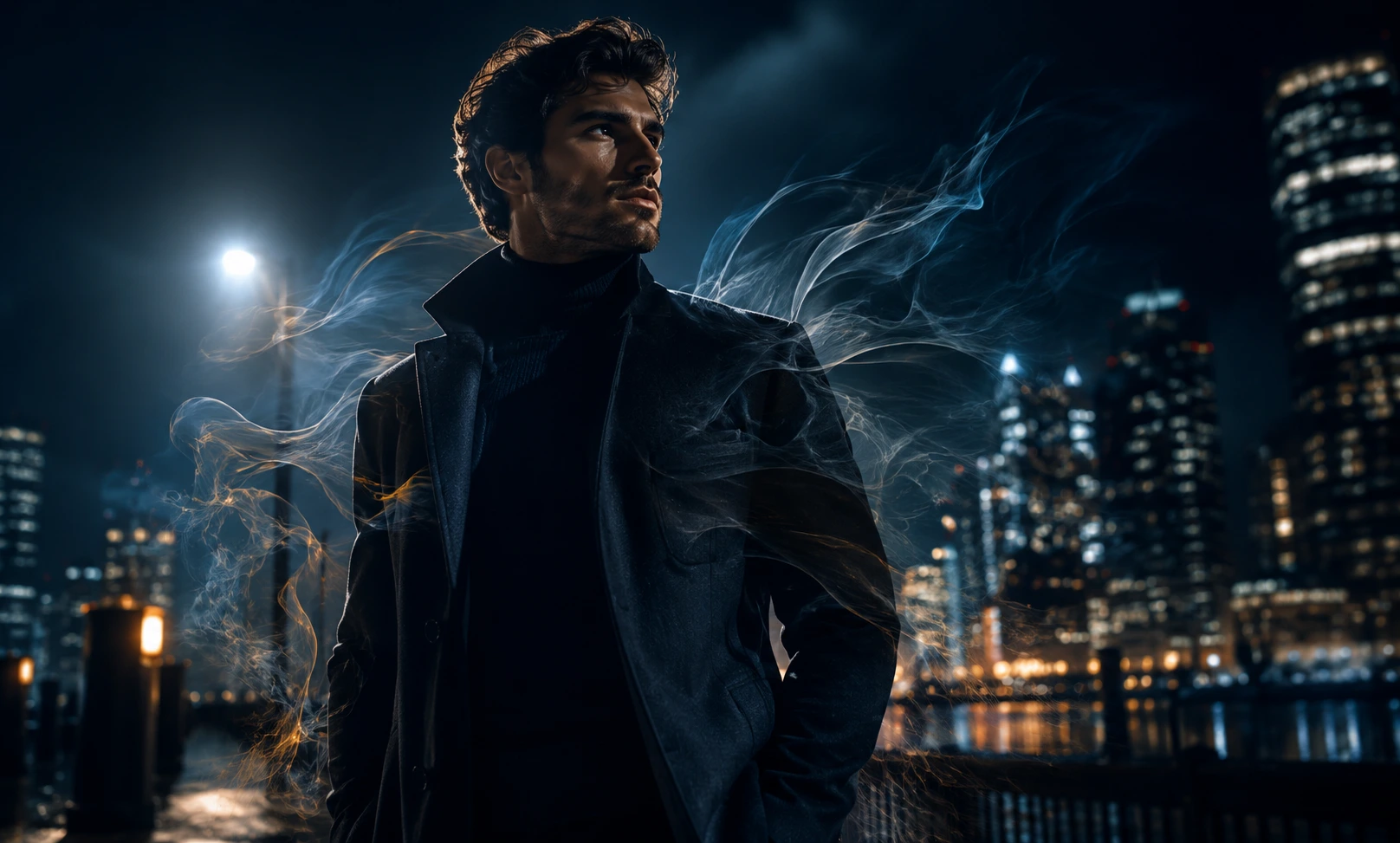 A confident man in a dark city night scene with smoky scent trails, representing stronger alternatives to Dior Sauvage with powerful projection and bold performance