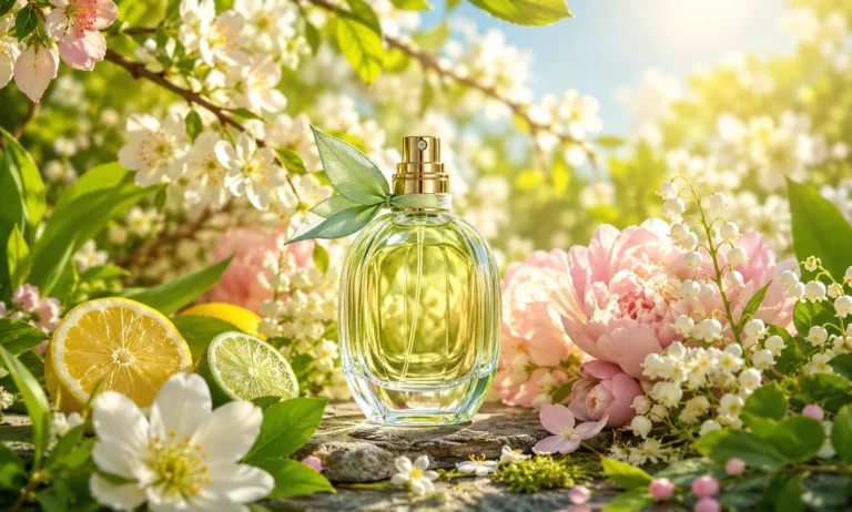 Fresh spring perfume bottle surrounded by blooming flowers, green leaves, and soft morning sunlight representing the bright and uplifting character of spring fragrances