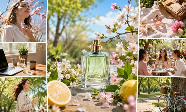 Person wearing a fresh spring perfume while walking through a sunny park filled with blooming flowers and green trees during mild spring weather