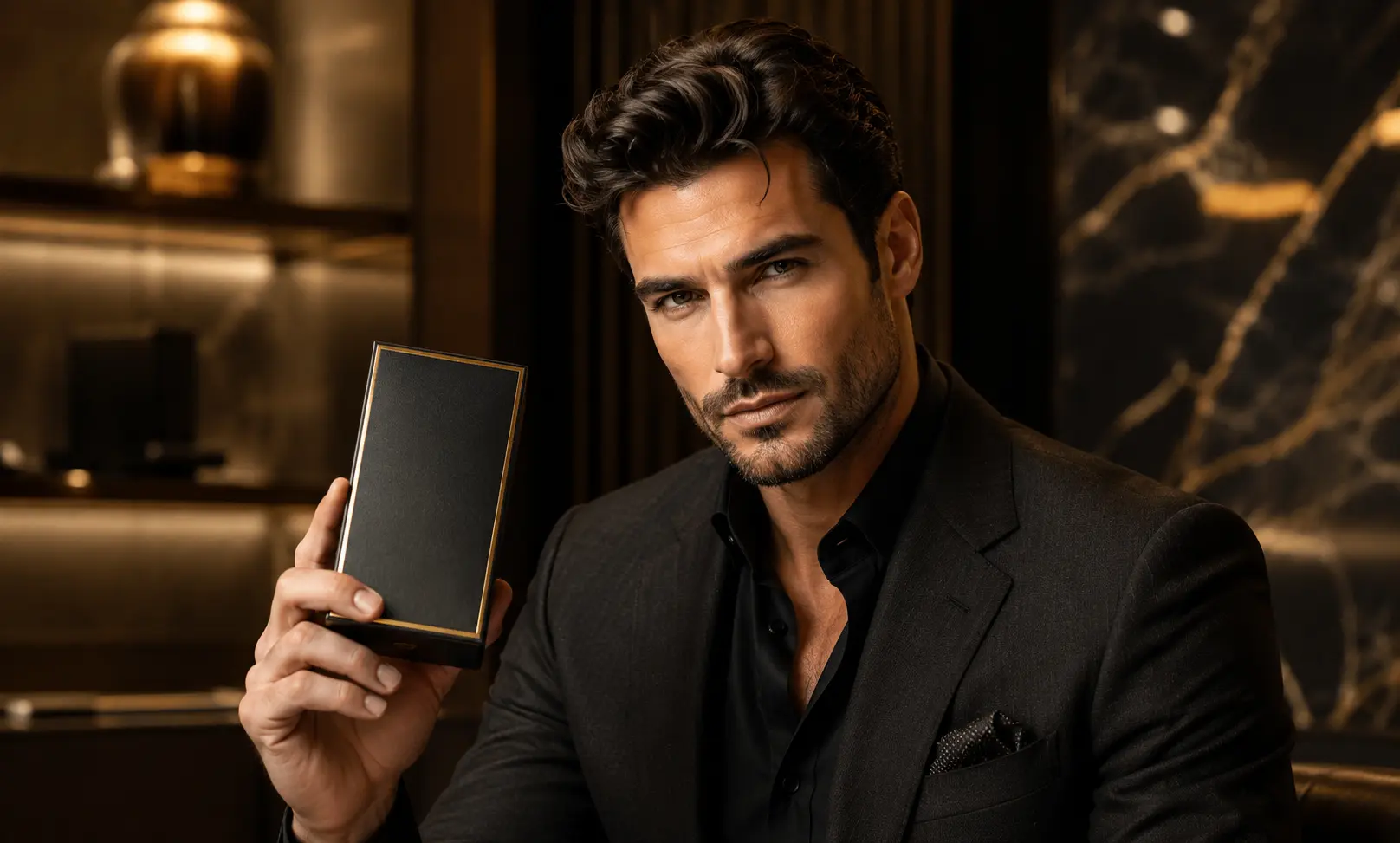 Handsome man holding a luxury fragrance box in an elegant setting, representing where to buy Dior Sauvage online safely