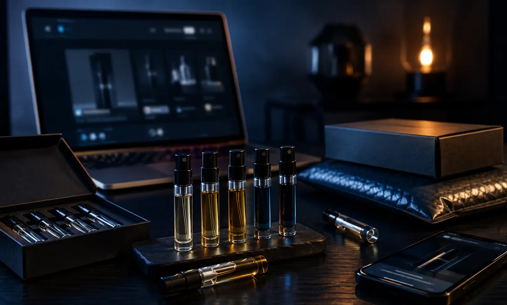 Luxury Dior Sauvage sample vials arranged on a dark desk with a laptop, shipping box, and packaging, representing where to buy Dior Sauvage samples online