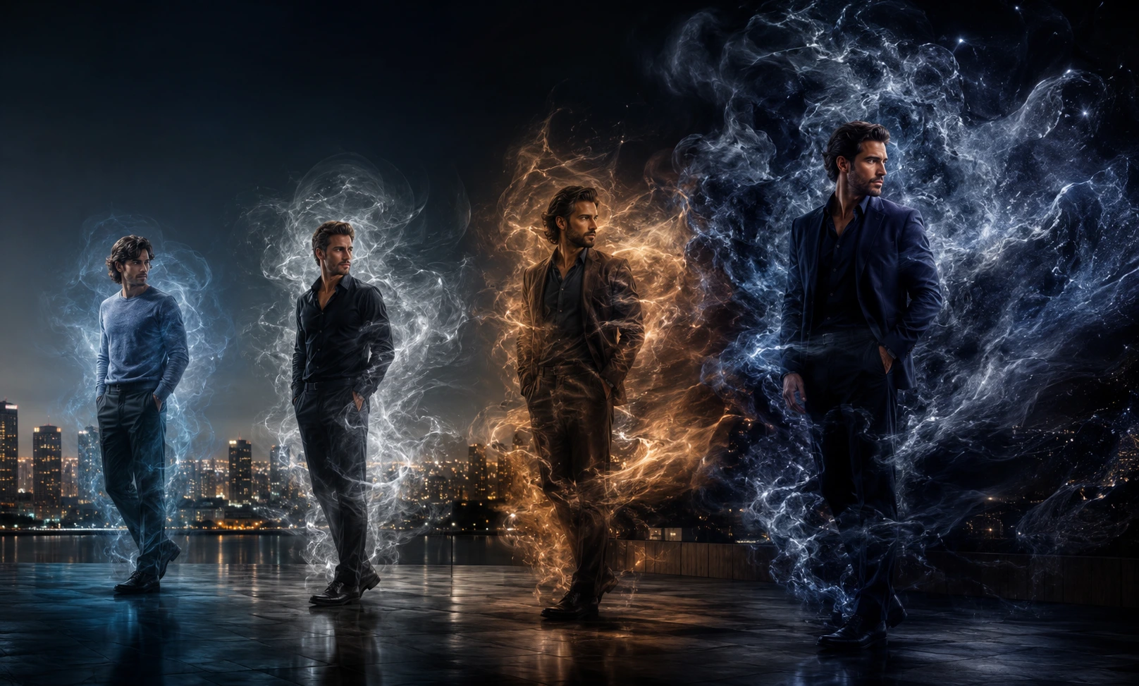 Dior Sauvage projection comparison showing four masculine scent clouds with different intensity levels, from soft projection to powerful room-filling fragrance presence