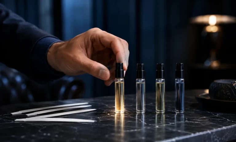 Man choosing which Dior Sauvage sample to try first before buying a full bottle
