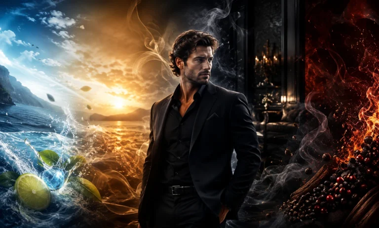 A cinematic masculine fragrance comparison scene representing which Dior Sauvage smells best through fresh citrus, warm amber, dark elegance, and spicy luxury moods without perfume bottles