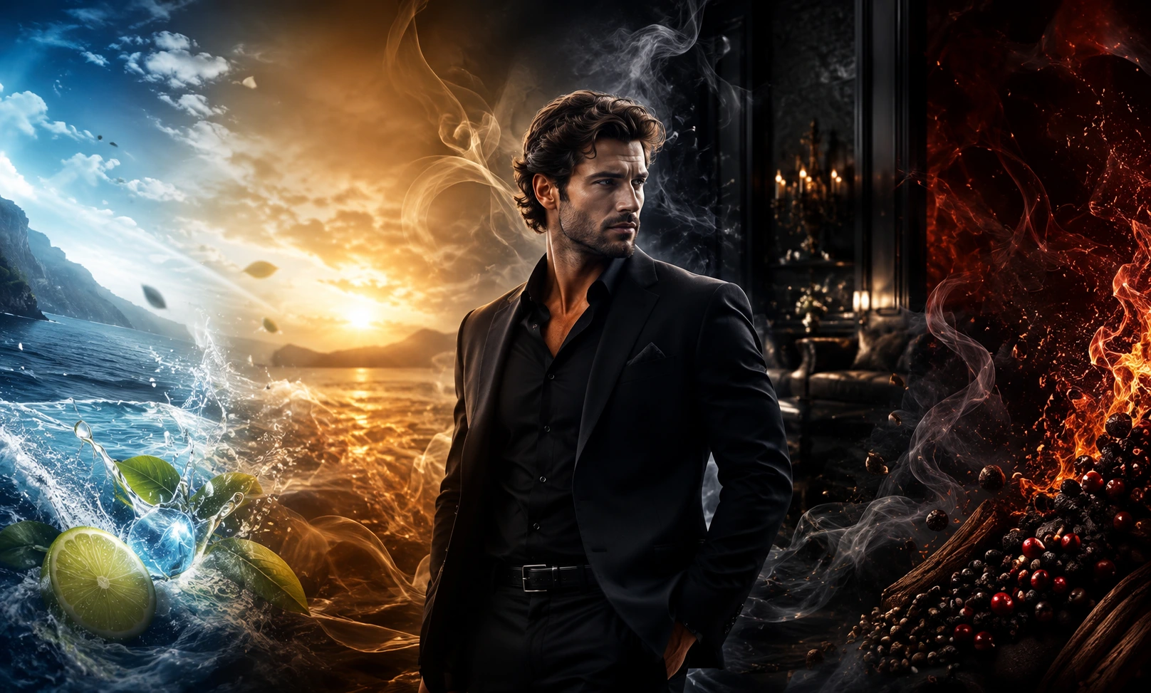 A cinematic masculine fragrance comparison scene representing which Dior Sauvage smells best through fresh citrus, warm amber, dark elegance, and spicy luxury moods without perfume bottles