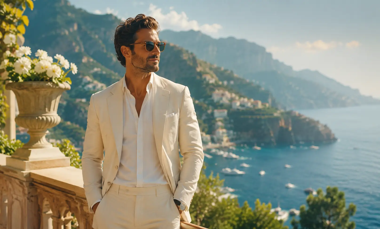 Confident well-dressed man in a bright luxury coastal setting, representing the ideal buyer of Creed Aventus with a fresh, refined, masculine lifestyle aesthetic