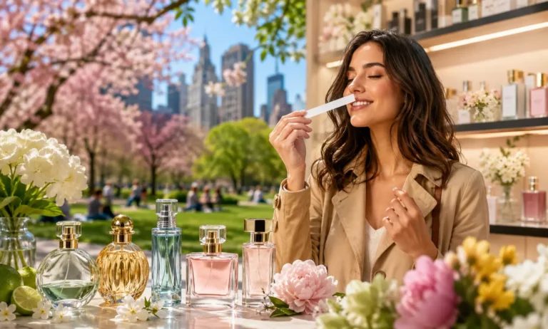 Woman discovering fresh spring perfumes in a floral retail environment reflecting seasonal fragrance shopping trends in the United States
