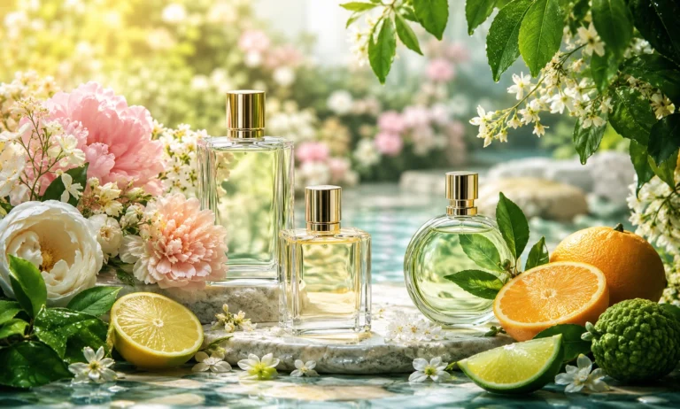 Luxury spring perfume bottles surrounded by blooming flowers, fresh green leaves, lemon, lime, and orange fruits in a bright garden setting representing floral, citrus, and green fragrance notes.
