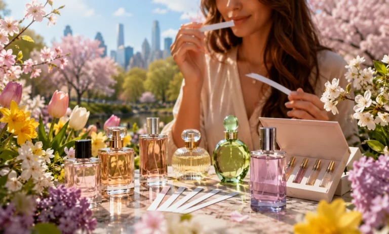 Fragrance enthusiast exploring new spring perfumes surrounded by blooming flowers, fresh citrus fruits, and seasonal scent inspirations during spring fragrance discovery season