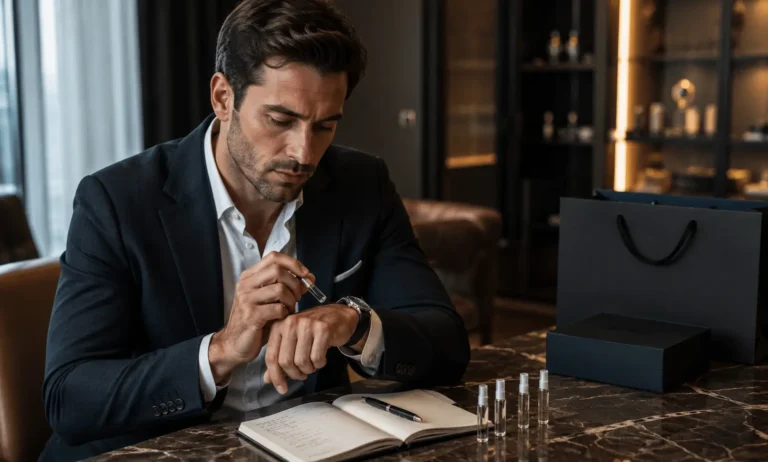 Man testing a Creed Aventus sample on his wrist before deciding whether to buy a full bottle