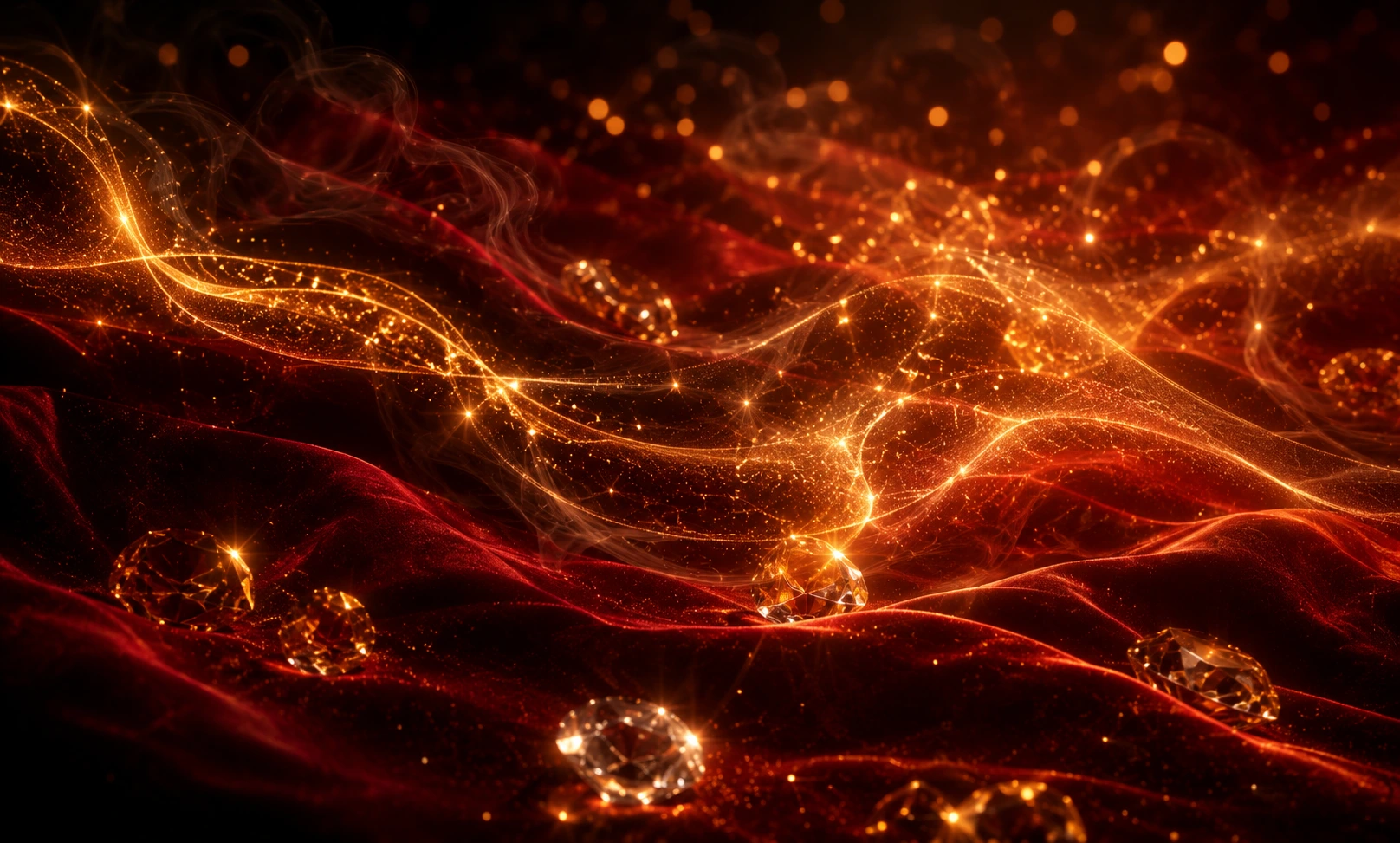 Red velvet, golden light trails, and crystals representing the luxury and value of Baccarat Rouge 540 bottle sizes.