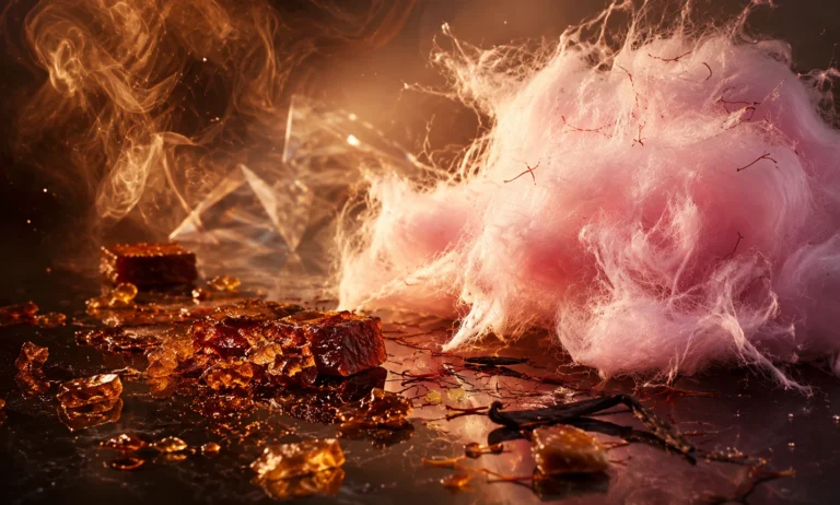 Burnt sugar crystals and airy pink cotton candy representing the sweet scent of Baccarat Rouge 540