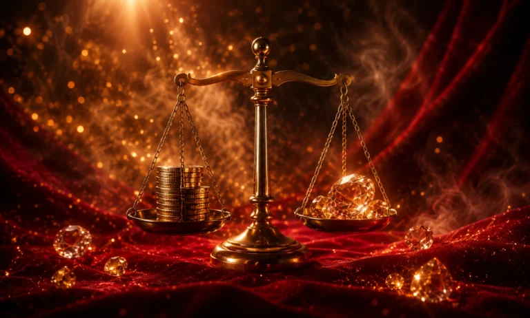 Golden balance scale weighing coins against a crystal gemstone, representing the value comparison between Baccarat Rouge 540 EDP and Extrait