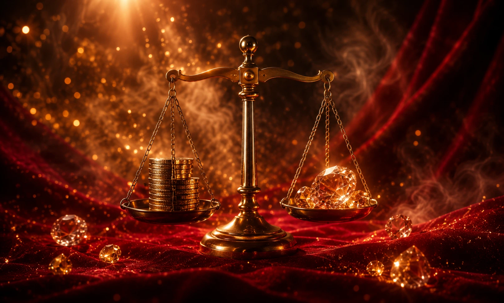 Golden balance scale weighing coins against a crystal gemstone, representing the value comparison between Baccarat Rouge 540 EDP and Extrait
