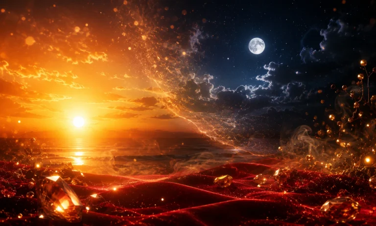 Warm golden sunset and moonlit night over red velvet, representing the rich day-to-night character of Baccarat Rouge 540 Extrait de Parfum
