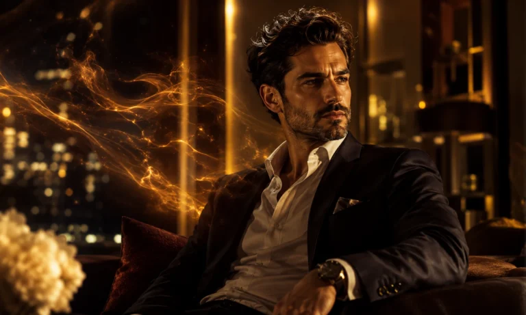 Confident man over 30 in an elegant setting surrounded by a warm amber scent aura inspired by Baccarat Rouge 540.