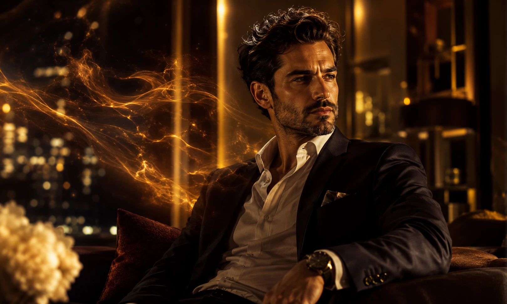 Confident man over 30 in an elegant setting surrounded by a warm amber scent aura inspired by Baccarat Rouge 540.