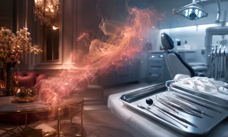 Abstract luxury fragrance concept showing a glowing pink scent cloud drifting into a clinical dental setting with metallic instruments, illustrating why Baccarat Rouge 540 can smell medicinal, metallic, or like a dentist’s office.
