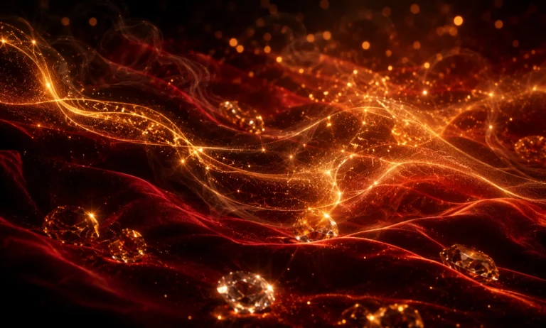 Glowing amber scent trails over deep red velvet representing the transformation of Baccarat Rouge 540 from its radiant opening to its warm woody dry down.