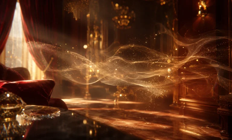 An airy golden scent trail drifting through a luxurious interior, representing Baccarat Rouge 540 projection and sillage.