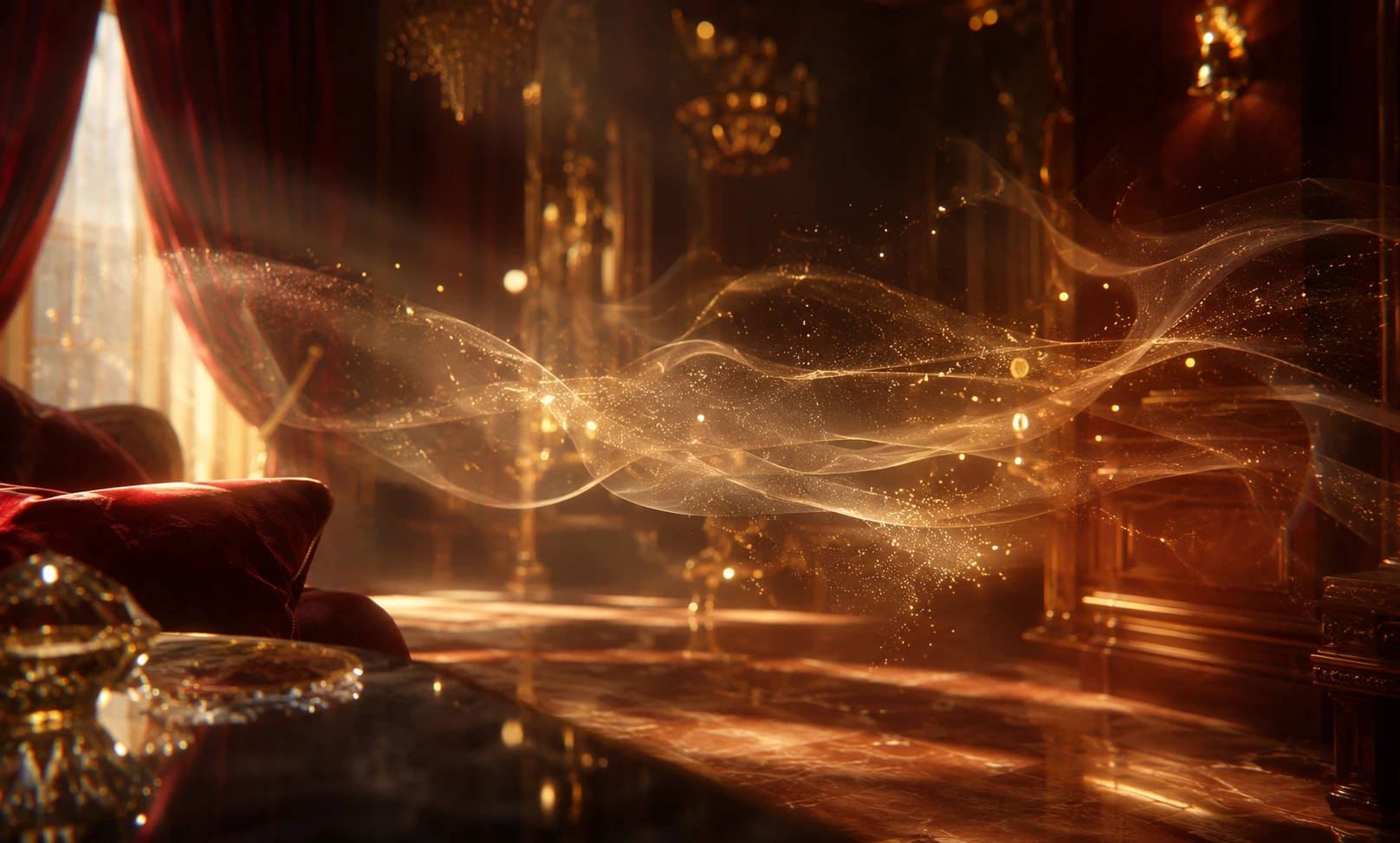 An airy golden scent trail drifting through a luxurious interior, representing Baccarat Rouge 540 projection and sillage.
